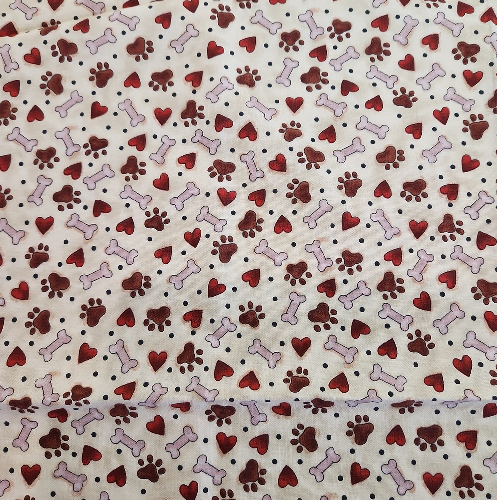 Cotton Dog Print Fabric - Cream with Red Hearts and Brown Paw Prints 1/4 Yard